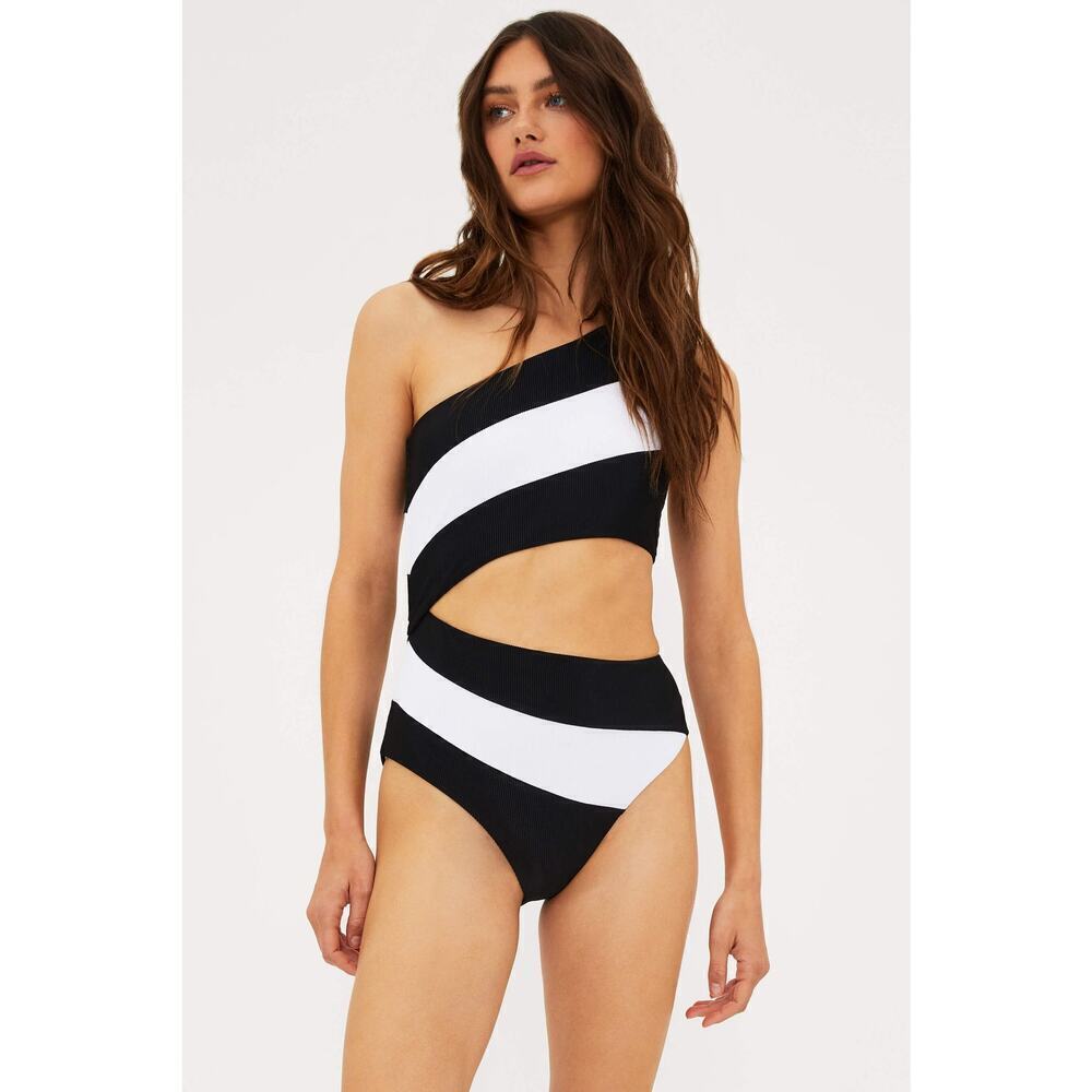 Beach Riot Joyce One Shoulder One Piece Swimsuits Striped Black White Size S NWT